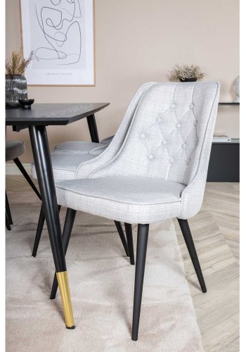 VENTURE DESIGN Dipp Esstisch-Set, mit 6 Stühlen – schwarzes Furnier/Messing/schwarzes Metall, grauer Stoff/schwarzes Metall