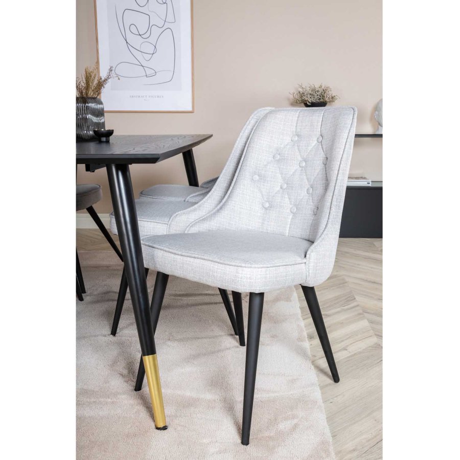 VENTURE DESIGN Dipp Esstisch-Set, mit 6 Stühlen – schwarzes Furnier/Messing/schwarzes Metall, grauer Stoff/schwarzes Metall