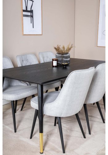 VENTURE DESIGN Dipp Esstisch-Set, mit 6 Stühlen – schwarzes Furnier/Messing/schwarzes Metall, grauer Stoff/schwarzes Metall