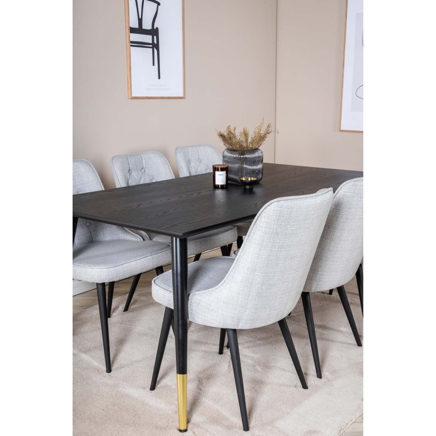 VENTURE DESIGN Dipp Esstisch-Set, mit 6 Stühlen – schwarzes Furnier/Messing/schwarzes Metall, grauer Stoff/schwarzes Metall