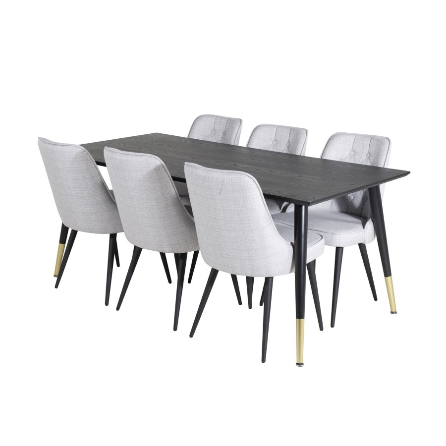 VENTURE DESIGN Dipp Esstisch-Set, mit 6 Stühlen – schwarzes Furnier/Messing/schwarzes Metall, grauer Stoff/schwarzes Metall