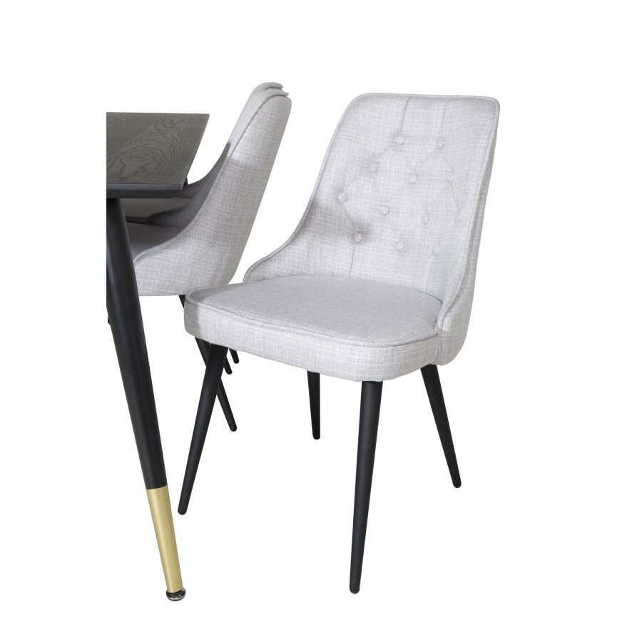 VENTURE DESIGN Dipp Esstisch-Set, mit 6 Stühlen – schwarzes Furnier/Messing/schwarzes Metall, grauer Stoff/schwarzes Metall