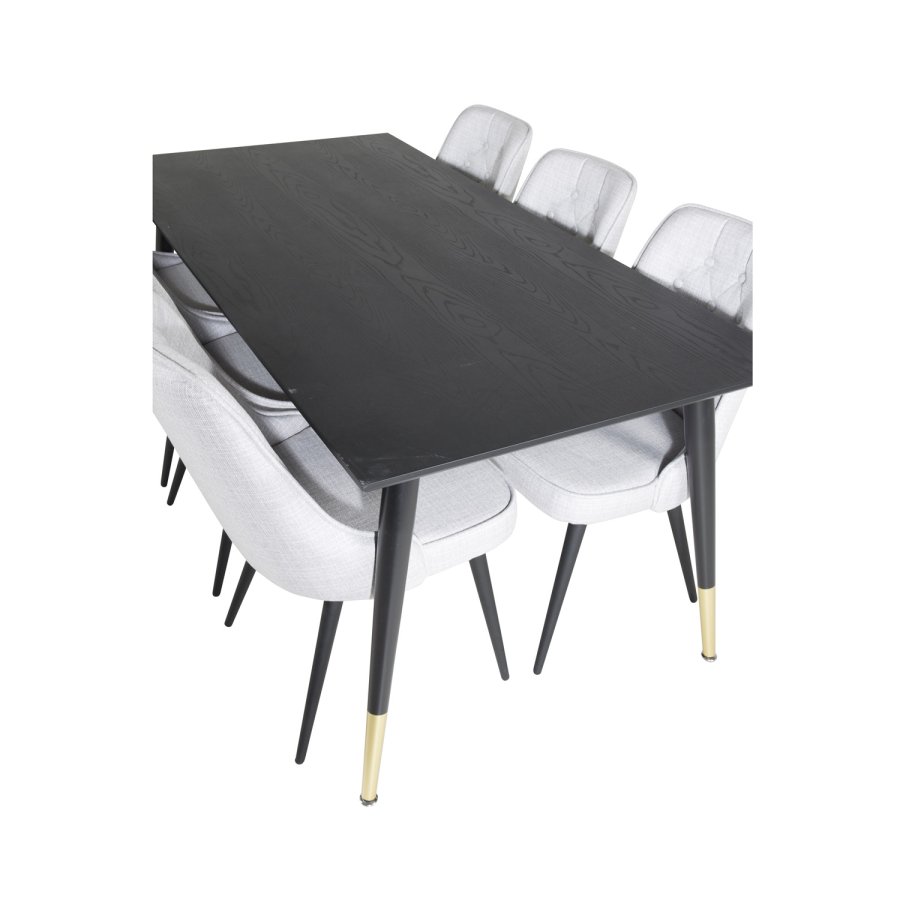 VENTURE DESIGN Dipp Esstisch-Set, mit 6 Stühlen – schwarzes Furnier/Messing/schwarzes Metall, grauer Stoff/schwarzes Metall