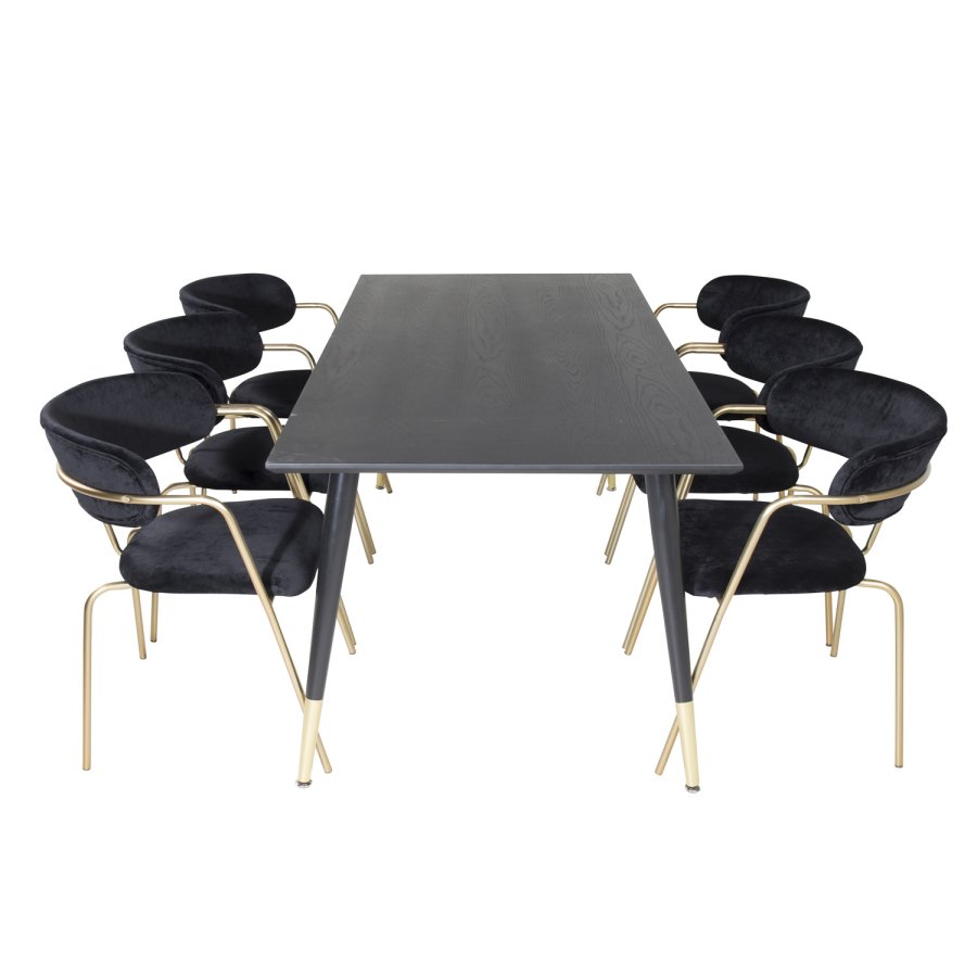 VENTURE DESIGN Dipp Esstisch-Set, mit 6 Stühlen – schwarzes Furnier/Messing, schwarzes Metall/schwarzer Samt