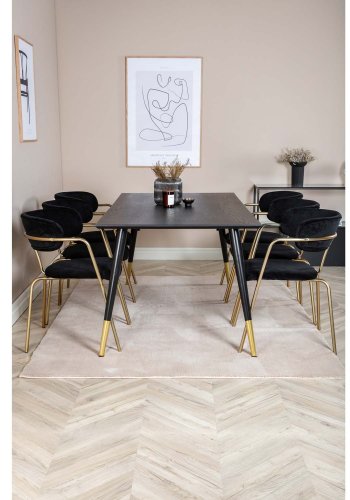 VENTURE DESIGN Dipp Esstisch-Set, mit 6 Stühlen – schwarzes Furnier/Messing, schwarzes Metall/schwarzer Samt