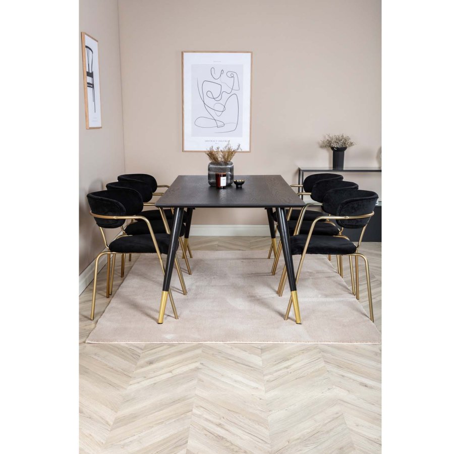 VENTURE DESIGN Dipp Esstisch-Set, mit 6 Stühlen – schwarzes Furnier/Messing, schwarzes Metall/schwarzer Samt