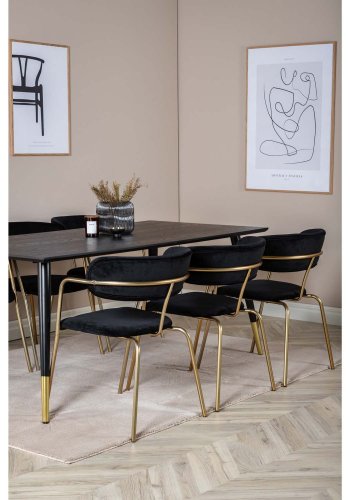 VENTURE DESIGN Dipp Esstisch-Set, mit 6 Stühlen – schwarzes Furnier/Messing, schwarzes Metall/schwarzer Samt