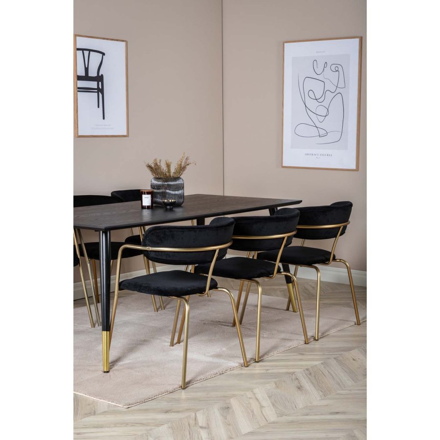 VENTURE DESIGN Dipp Esstisch-Set, mit 6 Stühlen – schwarzes Furnier/Messing, schwarzes Metall/schwarzer Samt