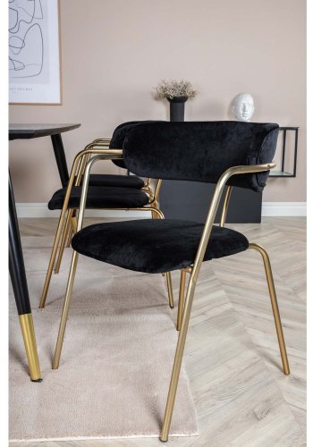 VENTURE DESIGN Dipp Esstisch-Set, mit 6 Stühlen – schwarzes Furnier/Messing, schwarzes Metall/schwarzer Samt