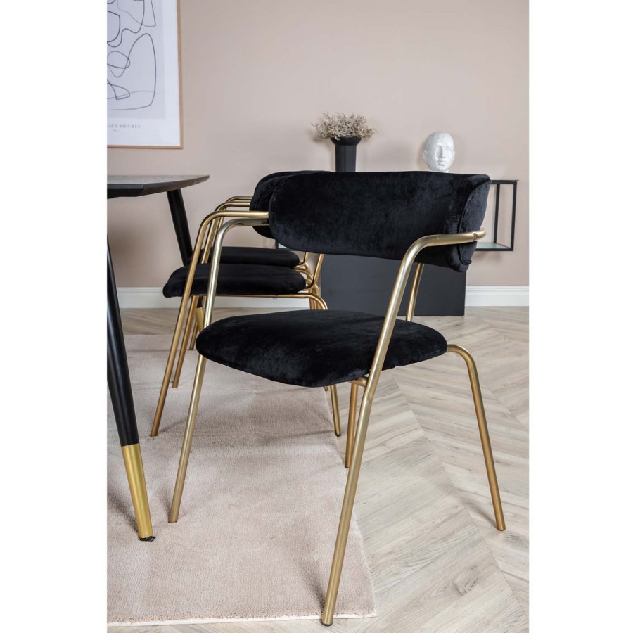 VENTURE DESIGN Dipp Esstisch-Set, mit 6 Stühlen – schwarzes Furnier/Messing, schwarzes Metall/schwarzer Samt