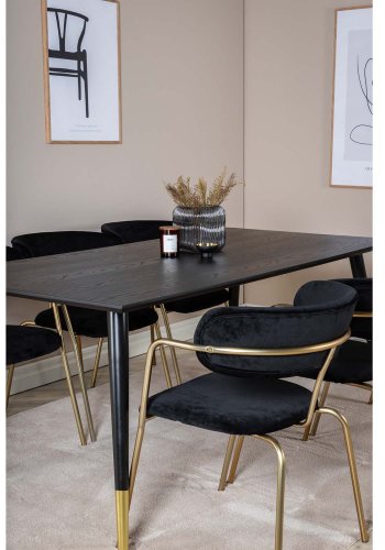 VENTURE DESIGN Dipp Esstisch-Set, mit 6 Stühlen – schwarzes Furnier/Messing, schwarzes Metall/schwarzer Samt