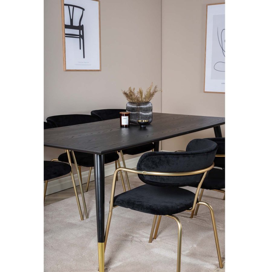 VENTURE DESIGN Dipp Esstisch-Set, mit 6 Stühlen – schwarzes Furnier/Messing, schwarzes Metall/schwarzer Samt