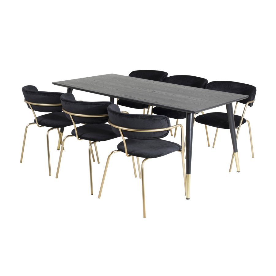 VENTURE DESIGN Dipp Esstisch-Set, mit 6 Stühlen – schwarzes Furnier/Messing, schwarzes Metall/schwarzer Samt