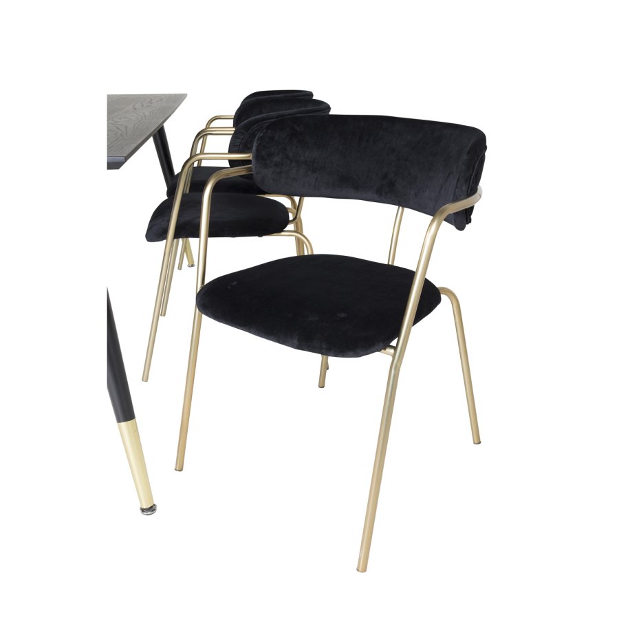 VENTURE DESIGN Dipp Esstisch-Set, mit 6 Stühlen – schwarzes Furnier/Messing, schwarzes Metall/schwarzer Samt