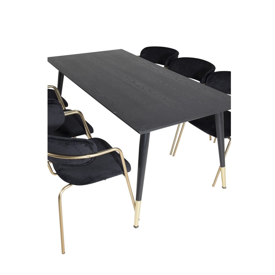 VENTURE DESIGN Dipp Esstisch-Set, mit 6 Stühlen – schwarzes Furnier/Messing, schwarzes Metall/schwarzer Samt