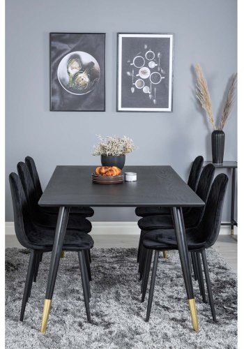 VENTURE DESIGN Dipp spisebordsett, m. 6 stoler - sort finér/messing sort metall, sort flyel/svart metall