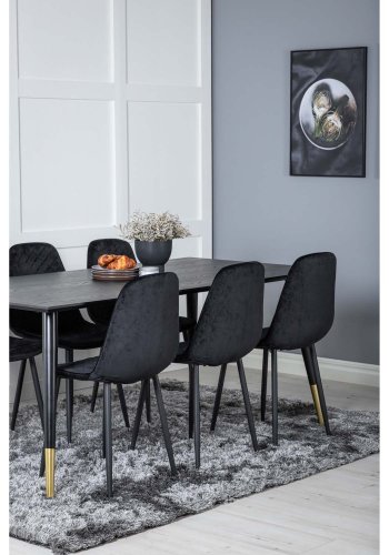 VENTURE DESIGN Dipp spisebordsett, m. 6 stoler - sort finér/messing sort metall, sort flyel/svart metall
