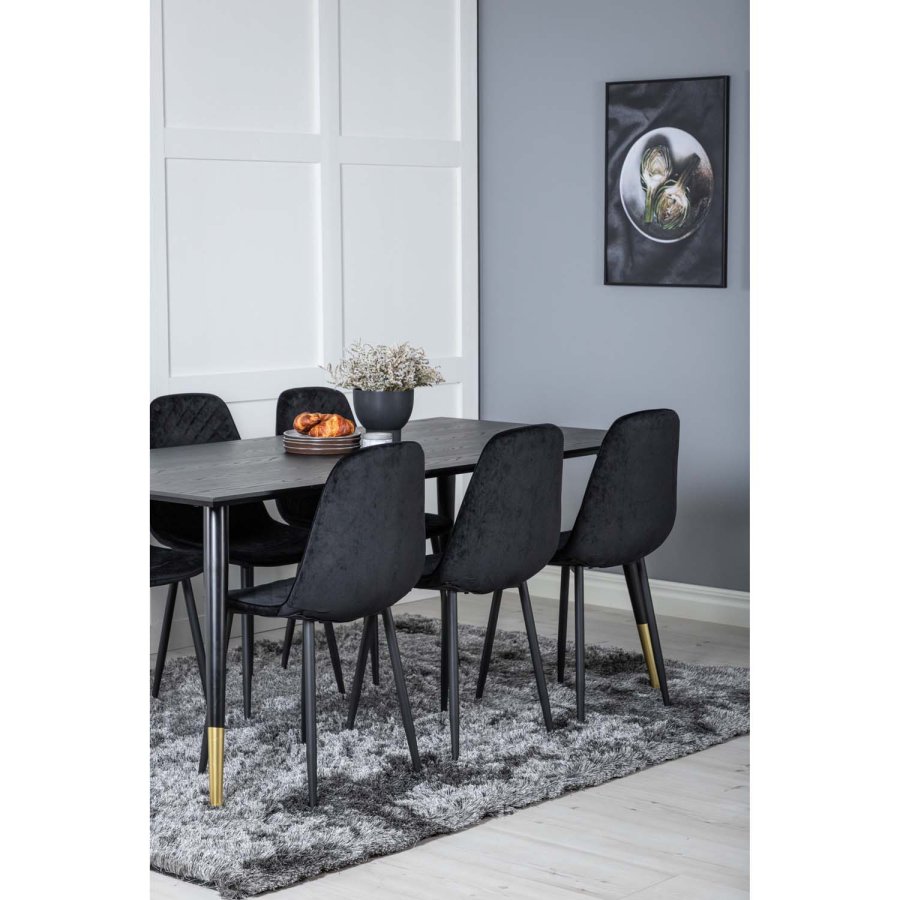 VENTURE DESIGN Dipp spisebordsett, m. 6 stoler - sort finér/messing sort metall, sort flyel/svart metall