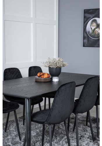 VENTURE DESIGN Dipp spisebordsett, m. 6 stoler - sort finér/messing sort metall, sort flyel/svart metall