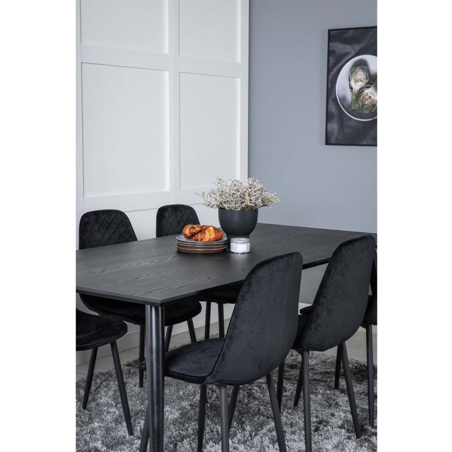 VENTURE DESIGN Dipp spisebordsett, m. 6 stoler - sort finér/messing sort metall, sort flyel/svart metall