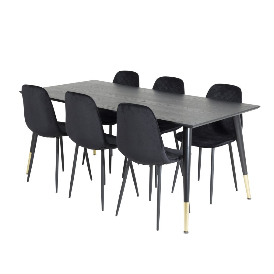 VENTURE DESIGN Dipp spisebordsett, m. 6 stoler - sort finér/messing sort metall, sort flyel/svart metall