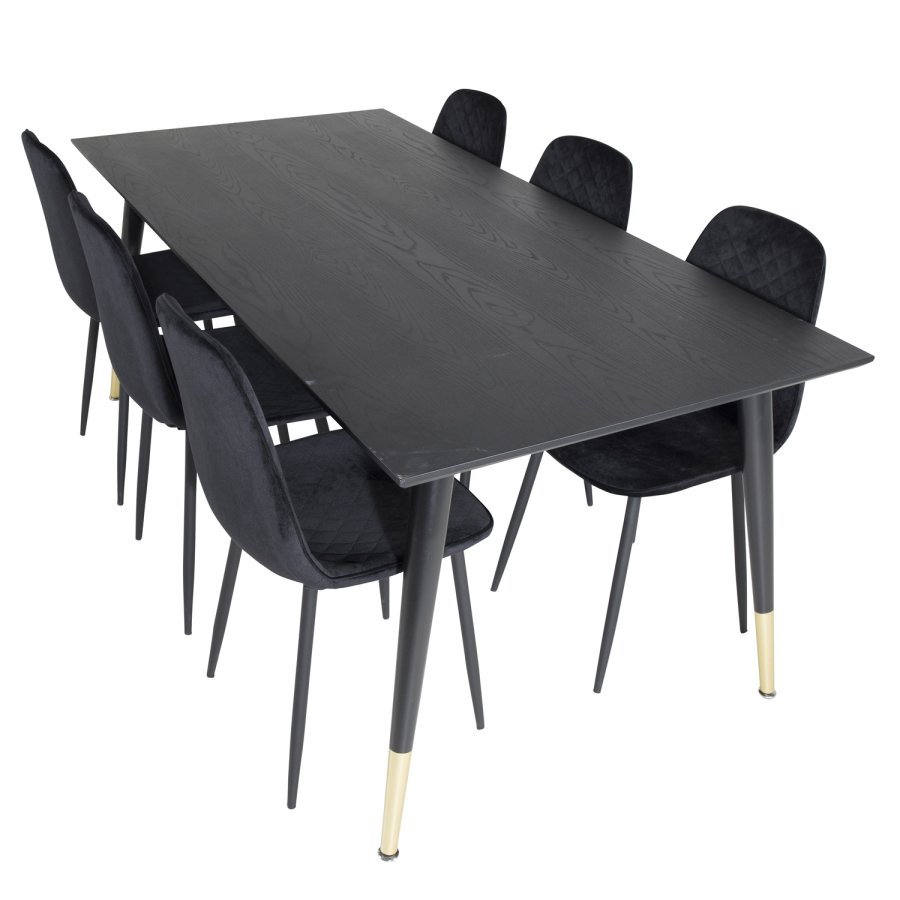 VENTURE DESIGN Dipp spisebordsett, m. 6 stoler - sort finér/messing sort metall, sort flyel/svart metall