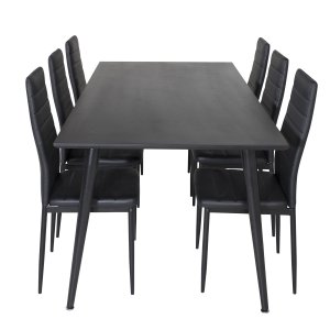 VENTURE DESIGN Dipp Matbordsset, med 6 Stolar - Svart Fanér / Svart Metall och Svart PU / Svart Metall