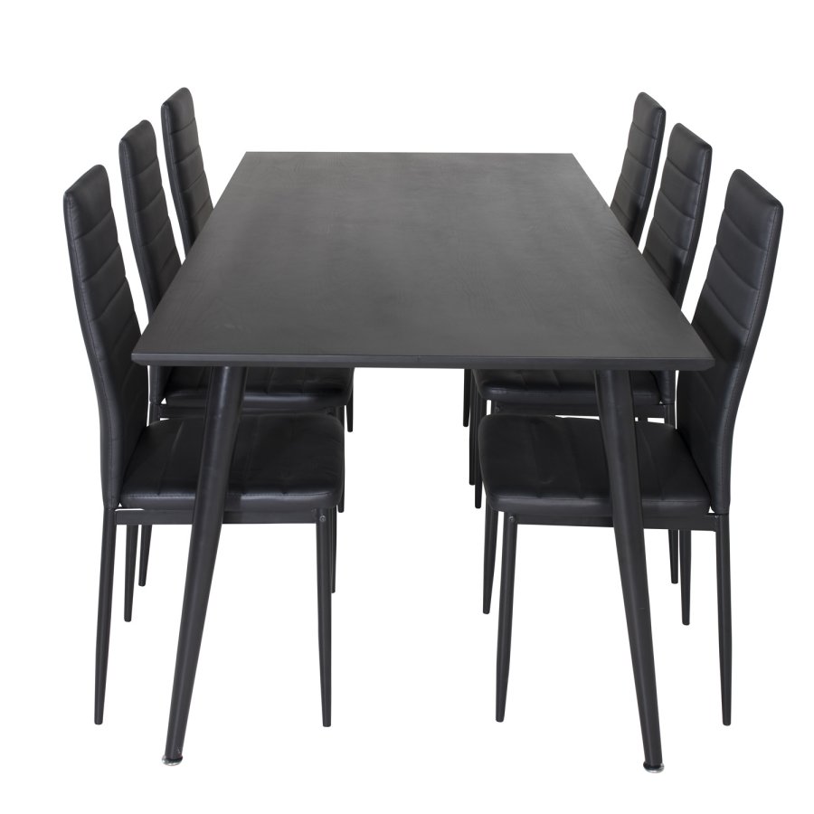 VENTURE DESIGN Dipp Esstisch-Set, mit 6 Stühlen – schwarzes Furnier/schwarzes Metall und schwarzes PU/schwarzes Metall