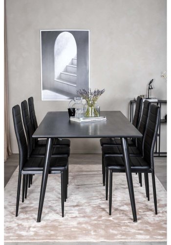 VENTURE DESIGN Dipp Esstisch-Set, mit 6 Stühlen – schwarzes Furnier/schwarzes Metall und schwarzes PU/schwarzes Metall