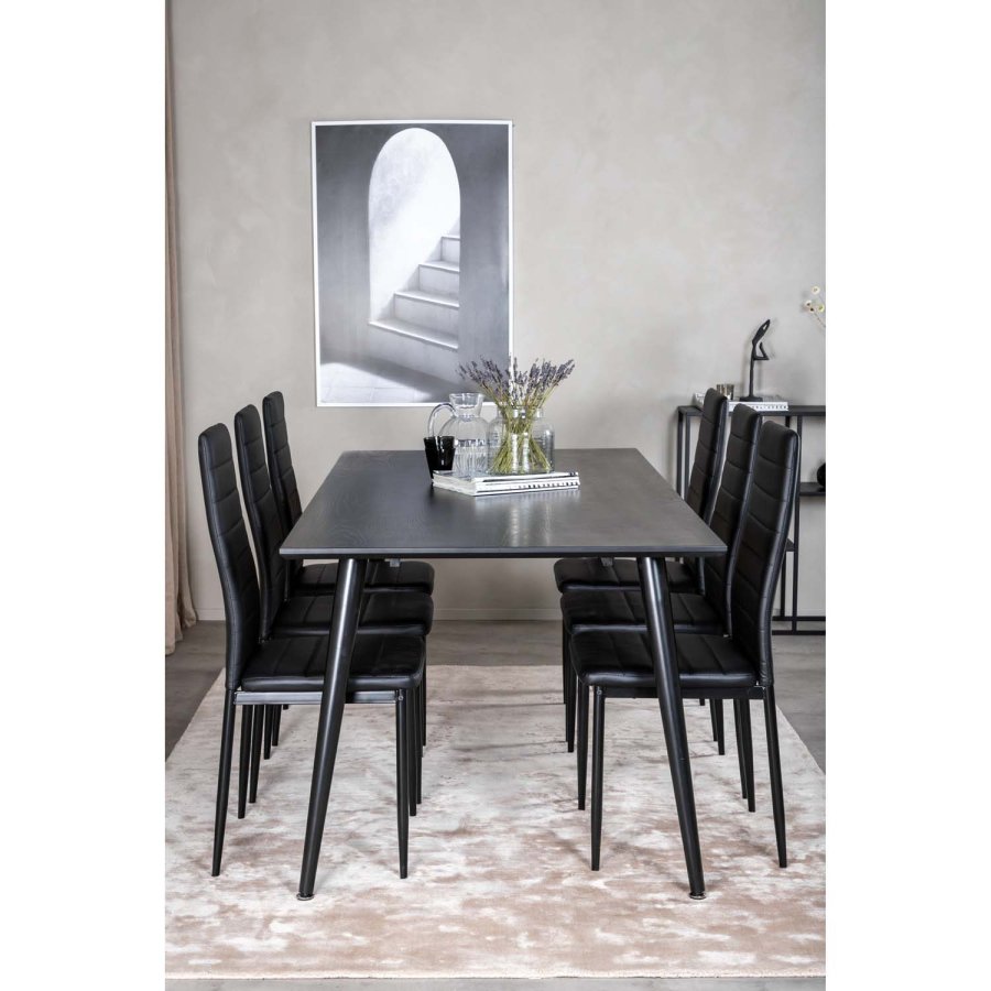 VENTURE DESIGN Dipp Esstisch-Set, mit 6 Stühlen – schwarzes Furnier/schwarzes Metall und schwarzes PU/schwarzes Metall