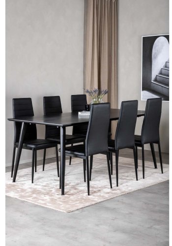 VENTURE DESIGN Dipp Esstisch-Set, mit 6 Stühlen – schwarzes Furnier/schwarzes Metall und schwarzes PU/schwarzes Metall