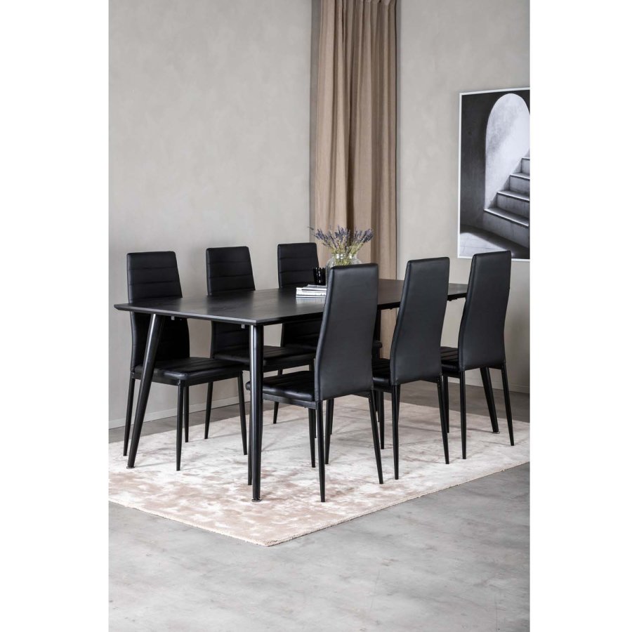 VENTURE DESIGN Dipp Esstisch-Set, mit 6 Stühlen – schwarzes Furnier/schwarzes Metall und schwarzes PU/schwarzes Metall