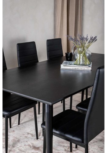 VENTURE DESIGN Dipp Esstisch-Set, mit 6 Stühlen – schwarzes Furnier/schwarzes Metall und schwarzes PU/schwarzes Metall