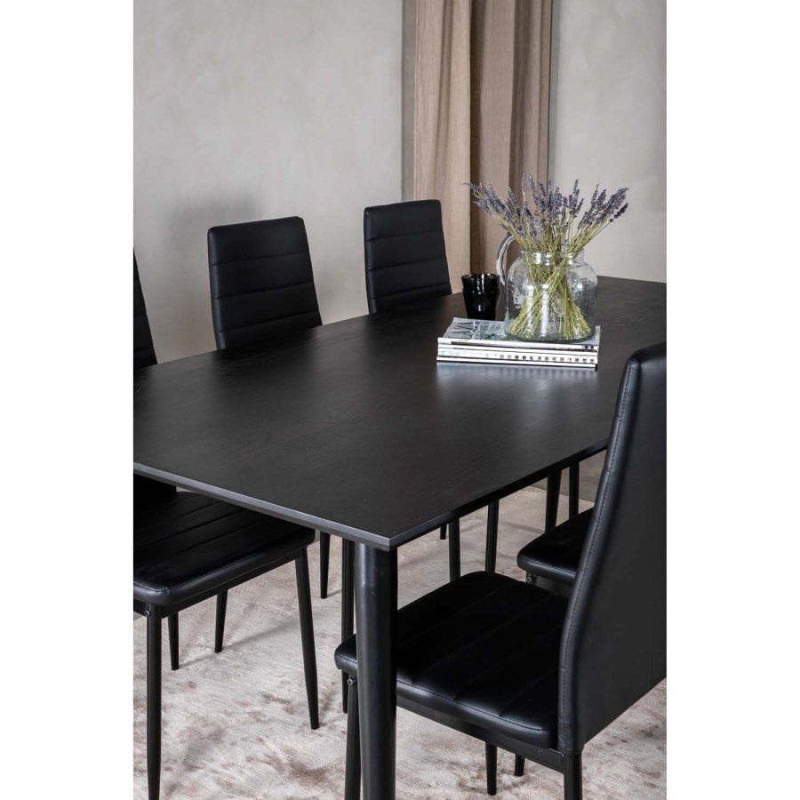 VENTURE DESIGN Dipp Esstisch-Set, mit 6 Stühlen – schwarzes Furnier/schwarzes Metall und schwarzes PU/schwarzes Metall