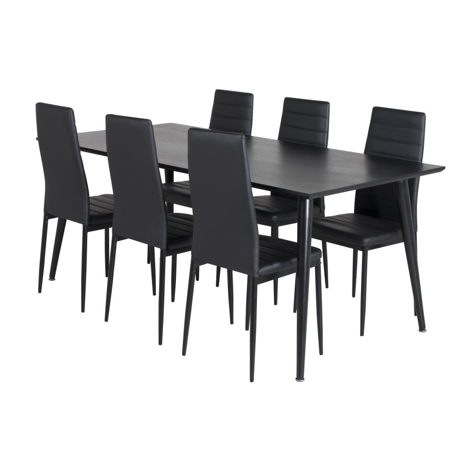 VENTURE DESIGN Dipp Esstisch-Set, mit 6 Stühlen – schwarzes Furnier/schwarzes Metall und schwarzes PU/schwarzes Metall