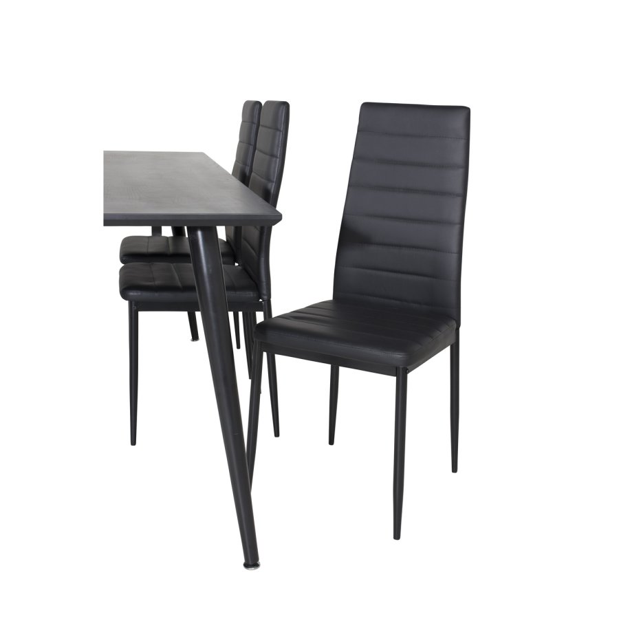 VENTURE DESIGN Dipp Esstisch-Set, mit 6 Stühlen – schwarzes Furnier/schwarzes Metall und schwarzes PU/schwarzes Metall