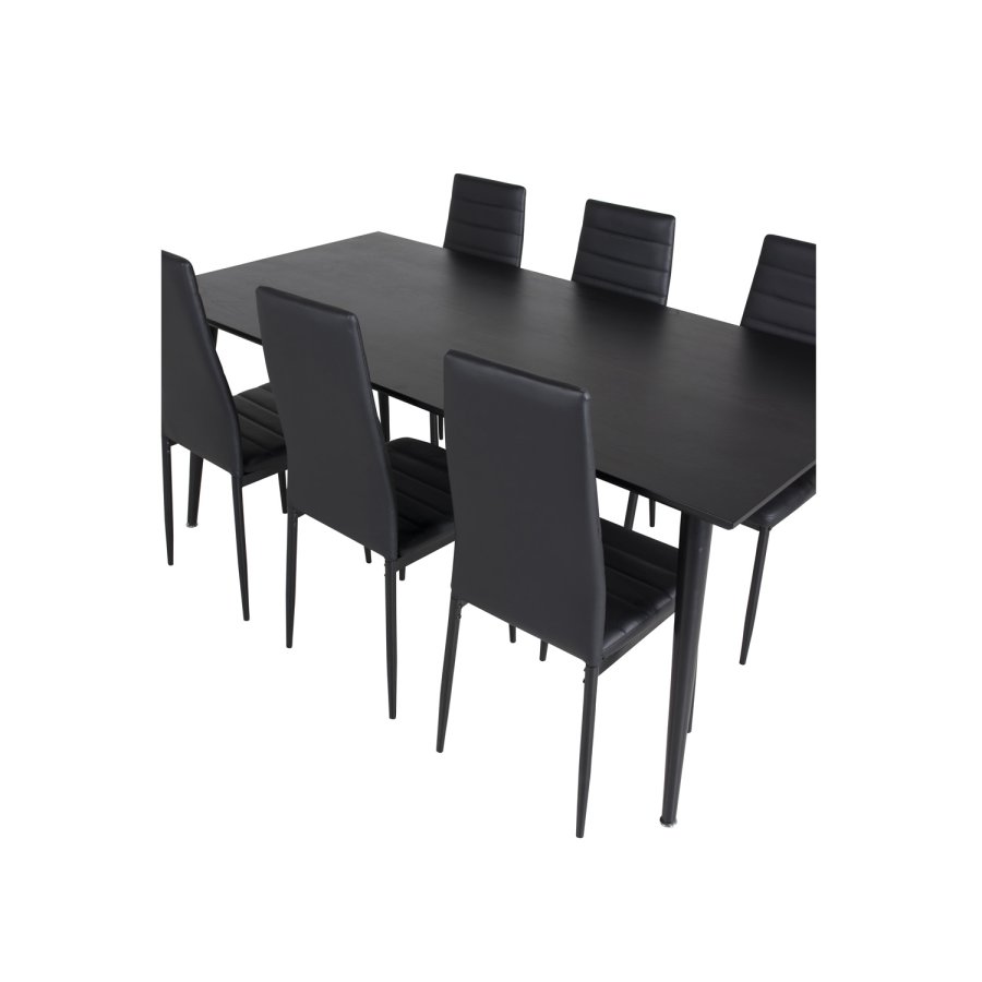 VENTURE DESIGN Dipp Esstisch-Set, mit 6 Stühlen – schwarzes Furnier/schwarzes Metall und schwarzes PU/schwarzes Metall