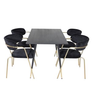 VENTURE DESIGN Dipp Matbordsset, med 4 Stolar - Svart Fanér / Mässing Svart Metall, Svart Sammet / Svart Metall