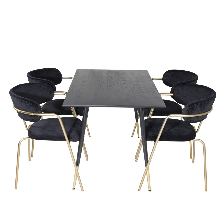 VENTURE DESIGN Dipp spisebordsett, m. 4 stoler - sort finér/messing sort metall, sort flyel/svart metall