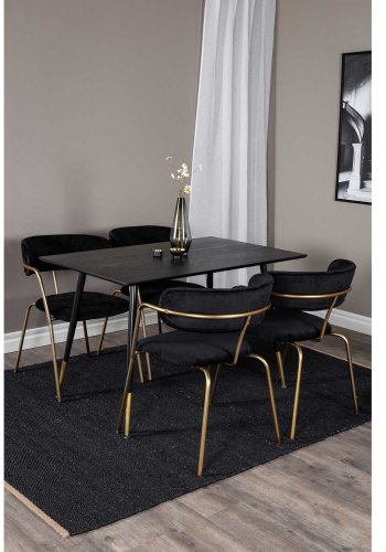 VENTURE DESIGN Dipp spisebordsett, m. 4 stoler - sort finér/messing sort metall, sort flyel/svart metall