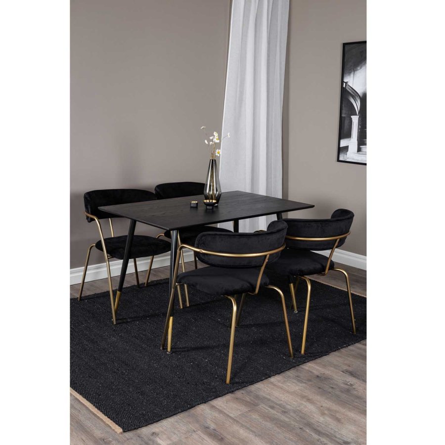VENTURE DESIGN Dipp spisebordsett, m. 4 stoler - sort finér/messing sort metall, sort flyel/svart metall