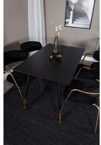 VENTURE DESIGN Dipp spisebordsett, m. 4 stoler - sort finér/messing sort metall, sort flyel/svart metall