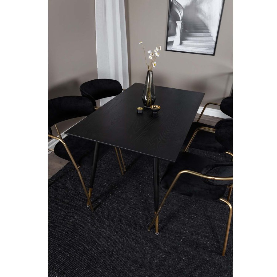 VENTURE DESIGN Dipp spisebordsett, m. 4 stoler - sort finér/messing sort metall, sort flyel/svart metall