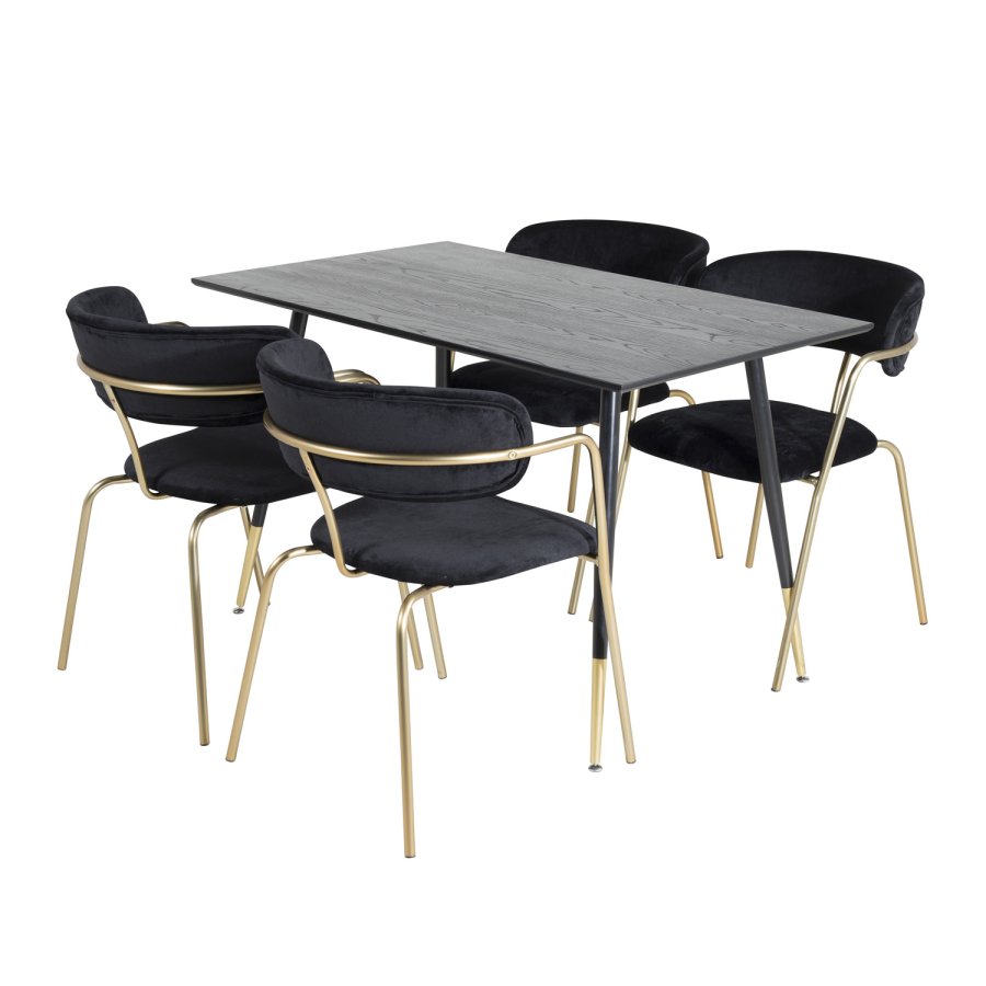 VENTURE DESIGN Dipp spisebordsett, m. 4 stoler - sort finér/messing sort metall, sort flyel/svart metall