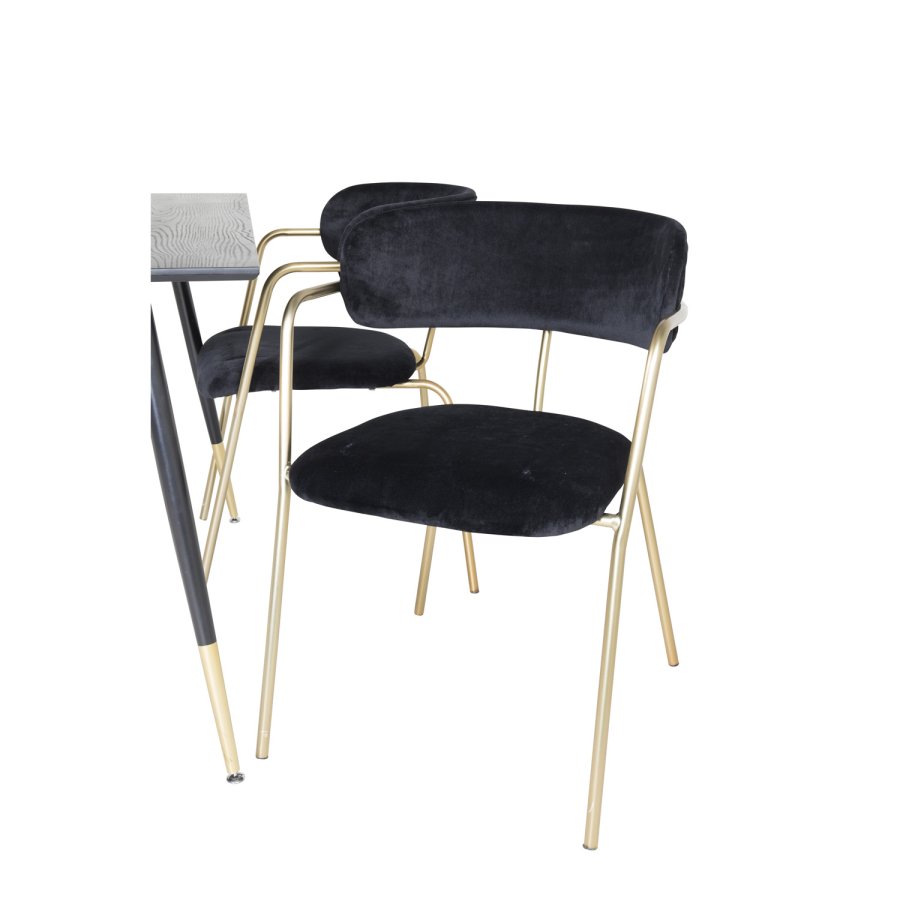 VENTURE DESIGN Dipp spisebordsett, m. 4 stoler - sort finér/messing sort metall, sort flyel/svart metall