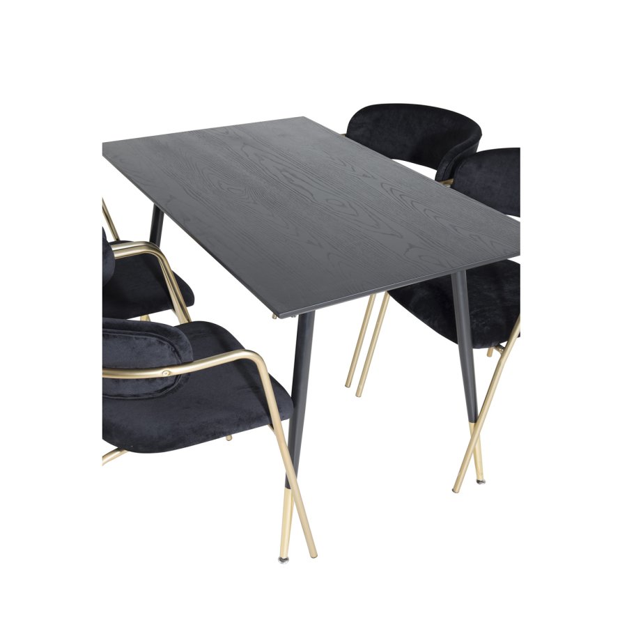 VENTURE DESIGN Dipp spisebordsett, m. 4 stoler - sort finér/messing sort metall, sort flyel/svart metall