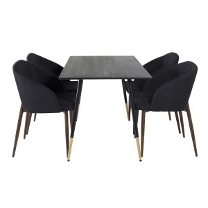 VENTURE DESIGN Dipp Matbordsset, med 4 Stolar - Svart Fanér / Mässing Svart Metall, Svart Tyg / Foliemetall