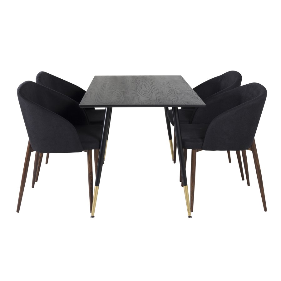 VENTURE DESIGN Dipp Esstisch-Set, mit 4 Stühlen – schwarzes Furnier/Messing, schwarzes Metall, schwarzer Stoff/Folienmetall