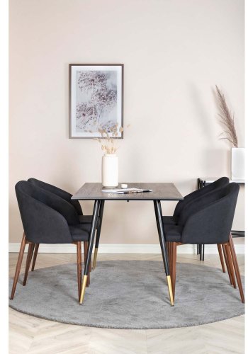 VENTURE DESIGN Dipp Esstisch-Set, mit 4 Stühlen – schwarzes Furnier/Messing, schwarzes Metall, schwarzer Stoff/Folienmetall