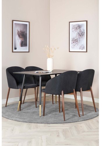 VENTURE DESIGN Dipp Esstisch-Set, mit 4 Stühlen – schwarzes Furnier/Messing, schwarzes Metall, schwarzer Stoff/Folienmetall